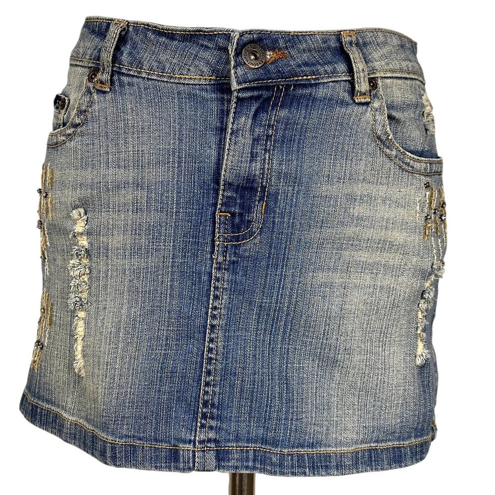 Vtg Y2k Distressed Sequin Embroidered Denim Mini Skirt Grunge Mcbling Bratz Sz 7